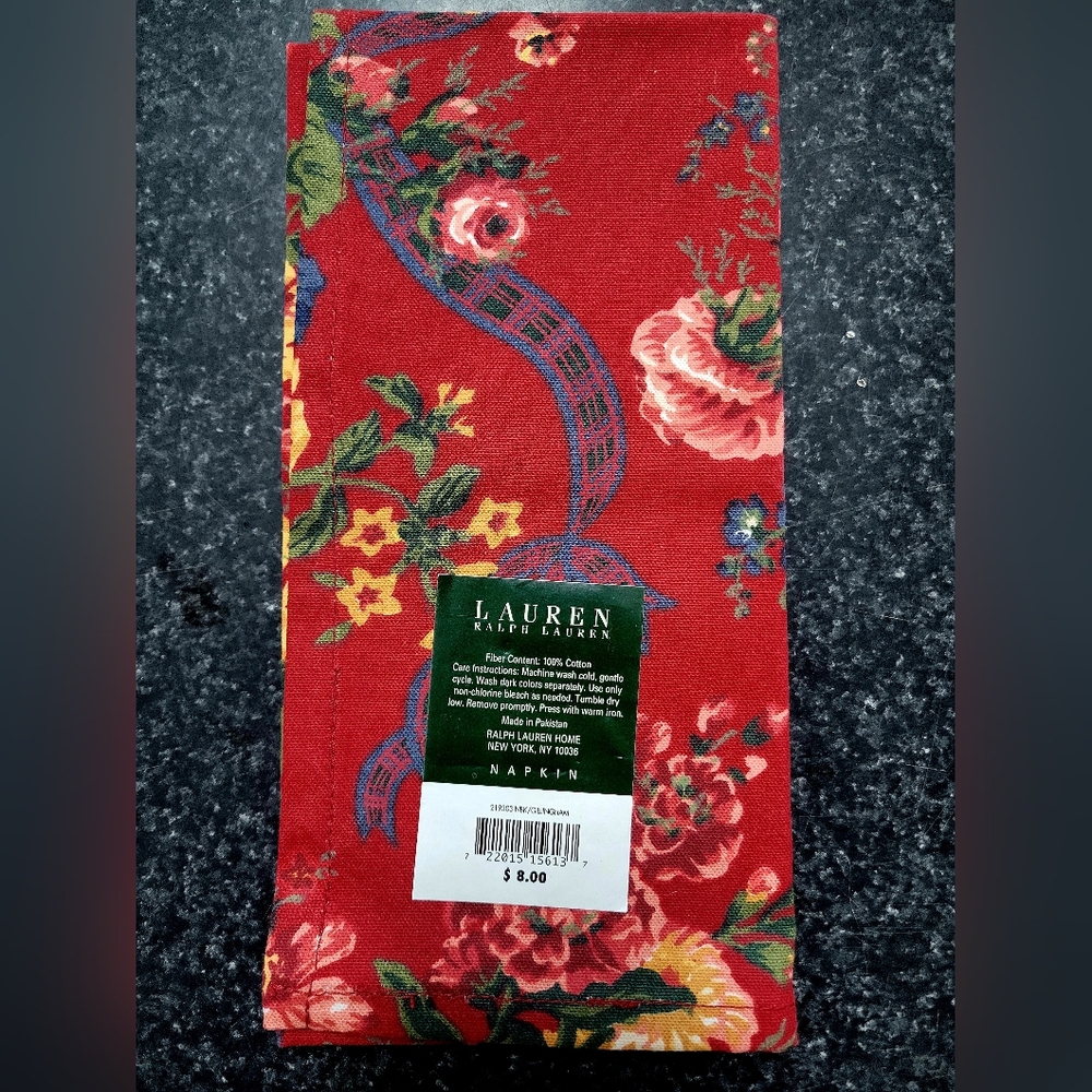 Ralph Lauren Christmad Red Green 100% Cotton Napkin Dish Towel Square 19"×19"